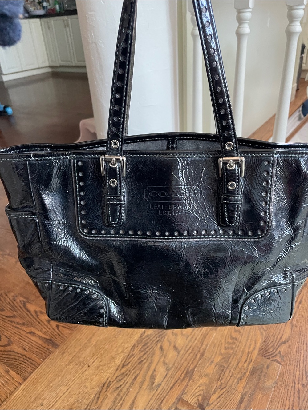 Vintage Y2K Coach Black Patent Leather Studded Gallery Tote Bag (1432)
